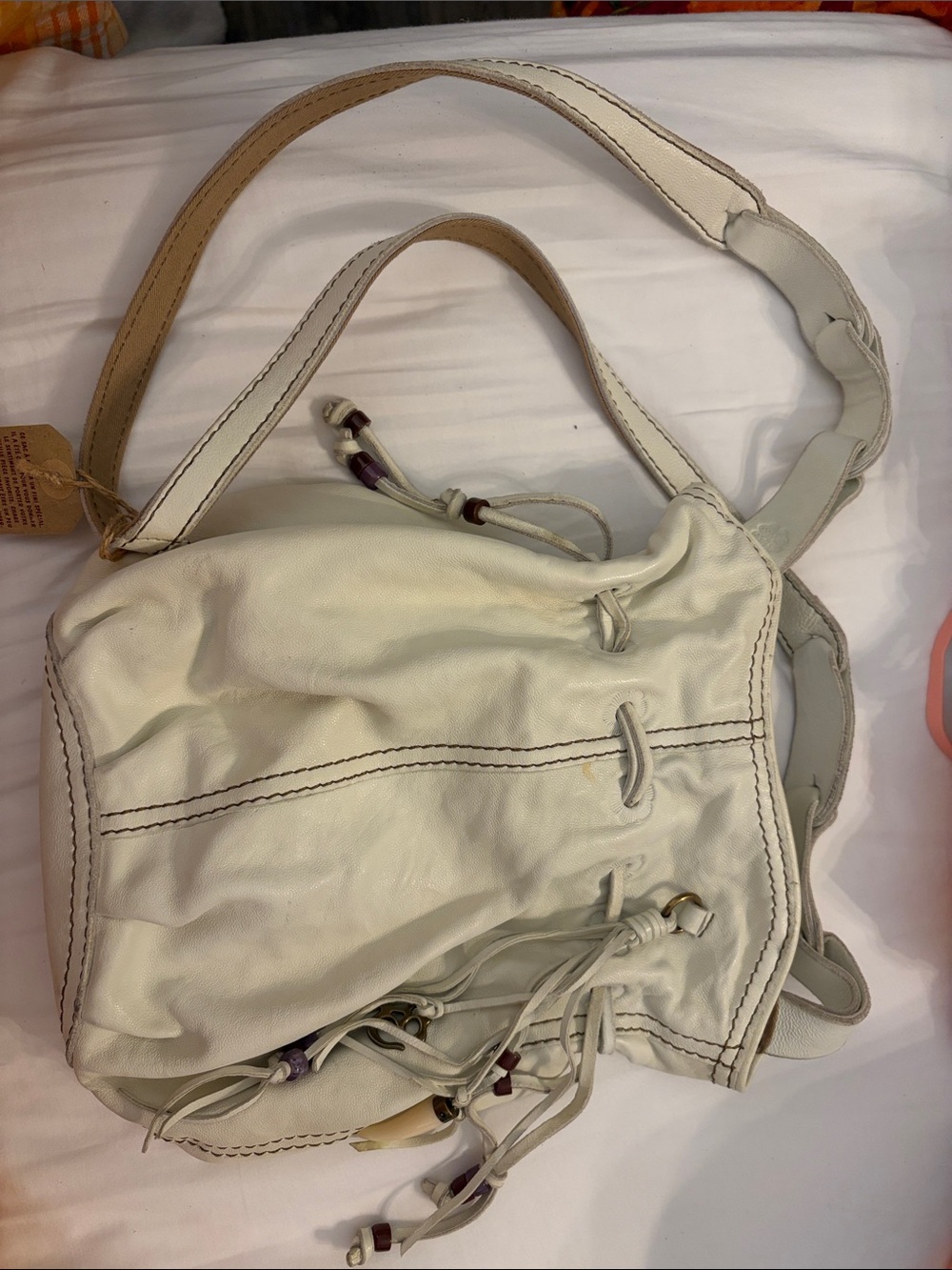 Lucky Brand Cream Leather Drawstring Shoulder Bag
